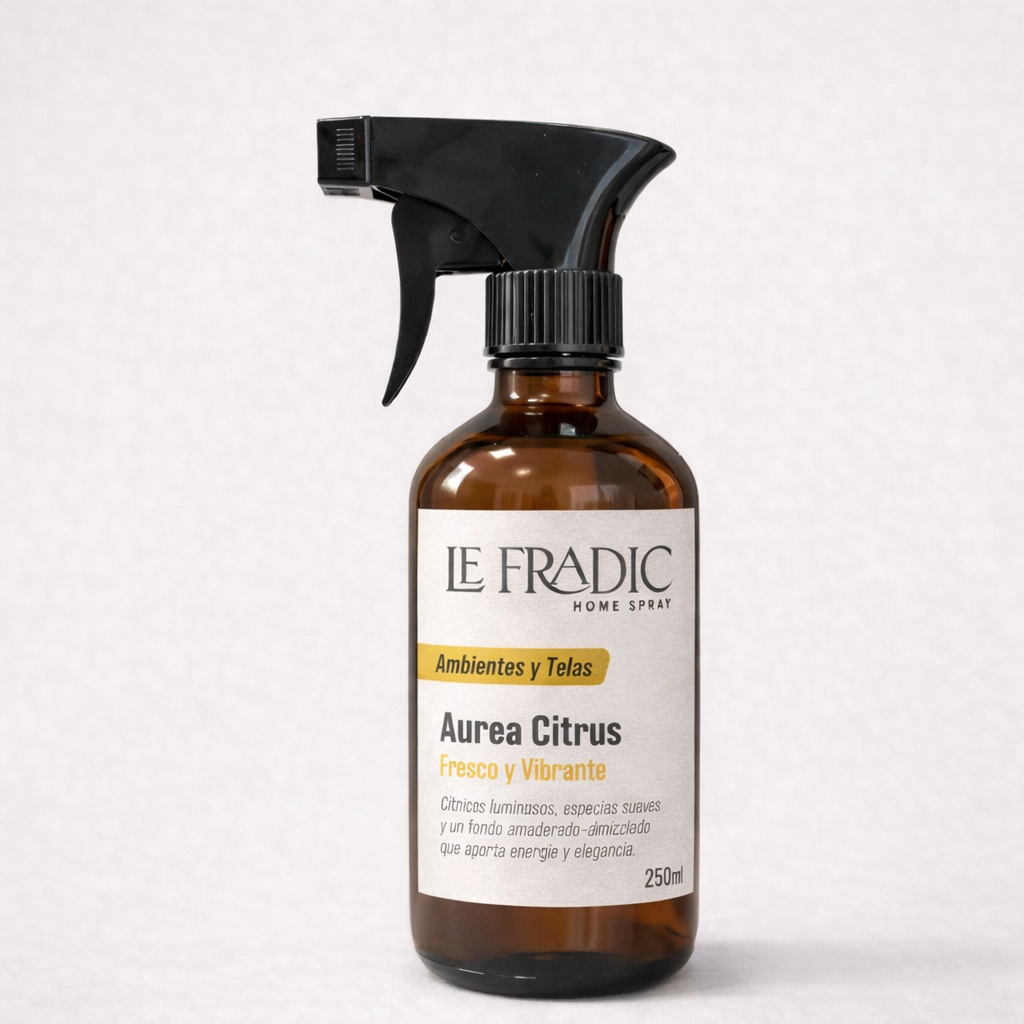 Home Spray Aurea Citrus de Le Fradic - Aroma cítrico especiado, para ambientes y textiles, muy utilizado en hoteles, aribnb, fragancias premium Chile