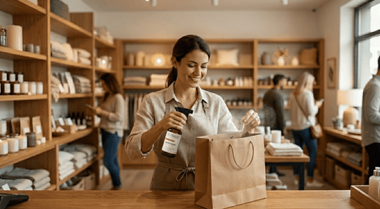 Aplicando home spray a bolsa - marketing olfativo de Le Fradic - Chile