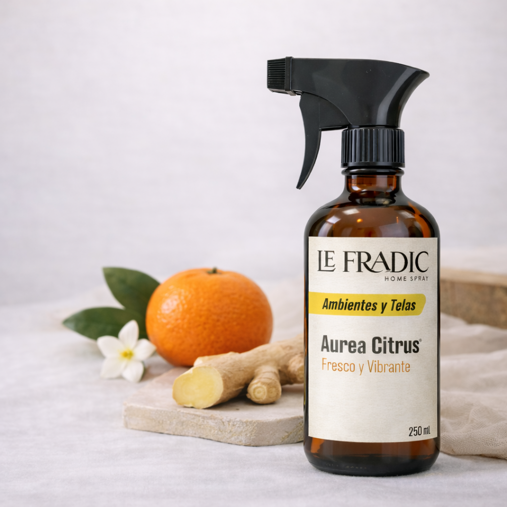 Home Spray Aurea Citrus de Le Fradic - Aroma cítrico especiado, para ambientes y textiles, muy utilizado en hoteles, aribnb