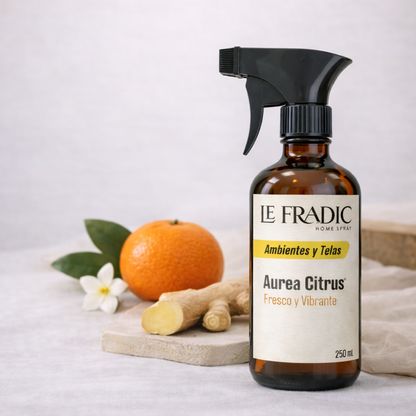 Home Spray Aurea Citrus de Le Fradic - Aroma cítrico especiado, para ambientes y textiles, muy utilizado en hoteles, aribnb