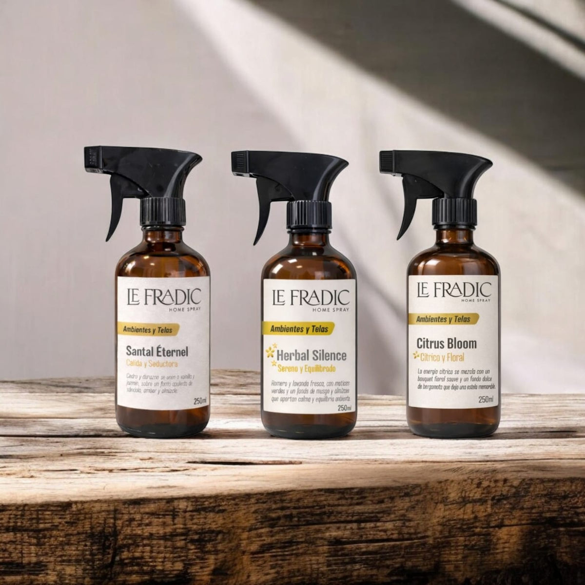 Pack 3 aromas - Le Fradic - Mood Home, ideal para un ritual diario de aromatizacion en casa, incluye Santal Éternel (Maderoso, con Sándalo, ámbar y almizlce), Herbal Silencia (Romero y lavanda), Citrus Bloom (Citrico y floral) valor en promoción 