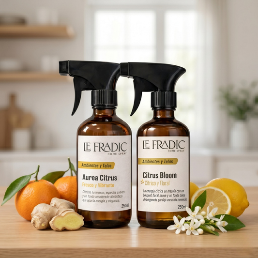 Pack de home spray cítricos de la marca Le Fradic - botella vidrio ambar - aromas para el Hogar